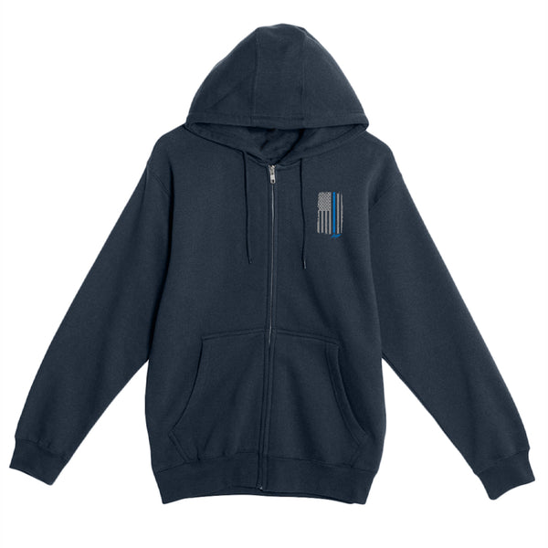Front of navy Allegiance Back the Blue zip-up hoodie featuring a small distressed black-and-gray American flag with a blue line on the left chest