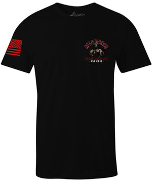 Front of Bucked Graphic Tee in black featuring small Allegiance chest logo and American flag sleeve print.