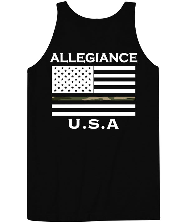 “Back view of Camo Line Back Hit Tank Top featuring large American flag with camo stripe and Allegiance U.S.A. text.