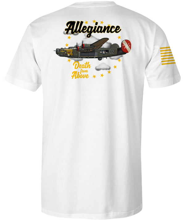 Back view of the white Death From Above Premium Tee featuring vintage bomber plane, stars, and Death From Above script