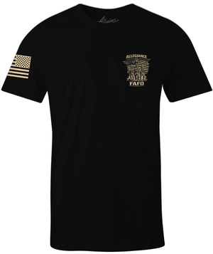 FAFO military graphic t shirt front chest print with operator design and American flag sleeve.
