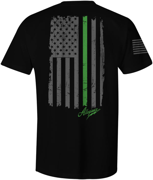 Back of Black Allegiance Back the Green Tee showing large distressed American flag with a green line and Allegiance script.