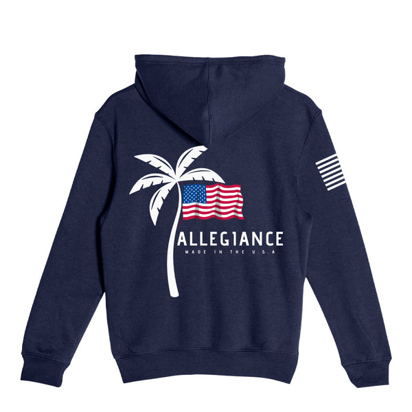 Vibe Youth Hoodie back view — large palm tree and USA flag design on navy youth hoodie by Allegiance Clothing