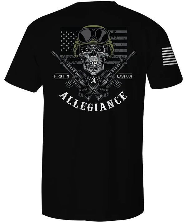 Back of Last Out Tee in black featuring large Last Out logo graphic